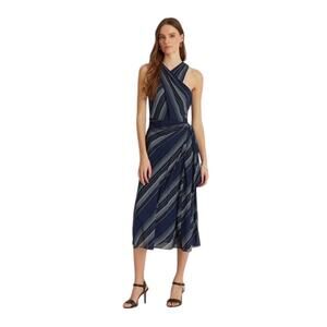 Ralph Lauren Navy Blue Midi Striped Crinkle Georgette Halter Dress Size 16 NWOT